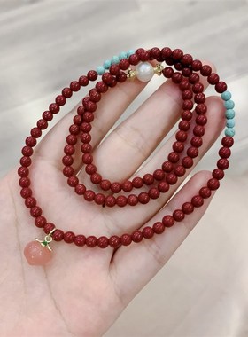 新品原矿珠子e搭配天然绿松石三圈女款手链 盐源玛瑙小桃子 绿松