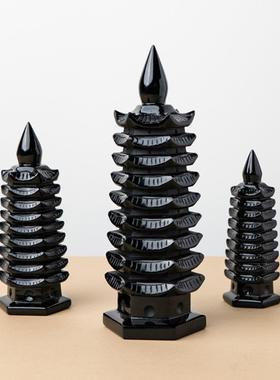 天然黑曜石九层文昌塔饰品家居客厅办公桌饰水晶工艺品饰品