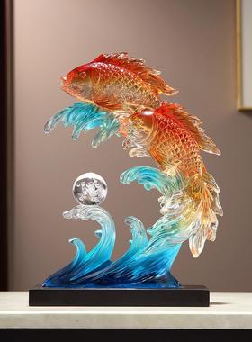 高端国风创意家居客厅入口酒柜电视柜装修每年鱼锦鲤