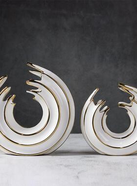 现代简约抽象几何圆环白金陶瓷摆件家居样板间客厅书房桌面软装饰