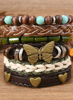 跨境新品欧美复古风羽毛蝴蝶复古花多层手工编织24件套男士皮