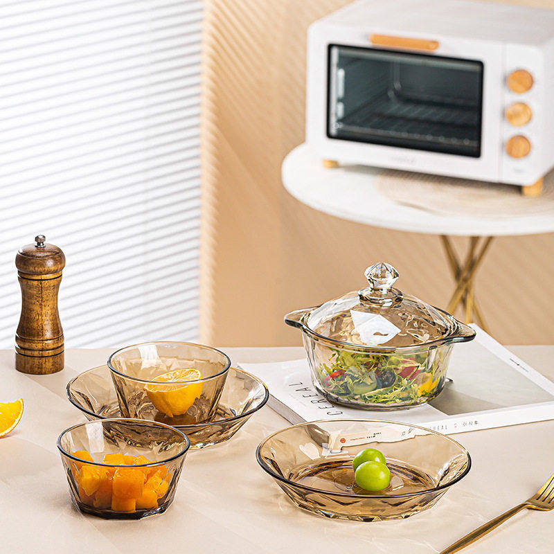 【可美瑞特】山水之间北欧钻石棱格茶色煲玻璃碗盘7件套,淘宝优惠券,粉丝福利购,淘宝优惠卷