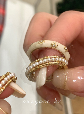 韩国小众设计高级感珐琅滴釉珍珠戒指女2023年新款潮冷淡风食指