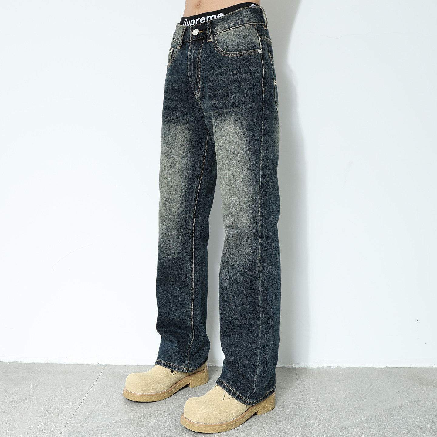 美式潮牌复古水洗深蓝色微喇牛仔裤男士宽松2026秋冬款设计感裤子,淘宝优惠券,粉丝福利购,淘宝优惠卷