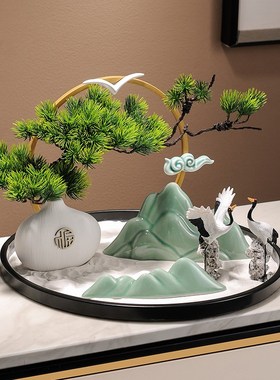 新中式酒店大圆桌圆形转盘摆件迎客松餐桌中间摆花装饰品微缩景观