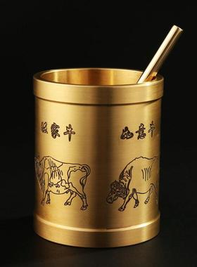 大仕缘 铜工艺品书房办公室摆件商务礼品五牛八骏马图四君子笔筒