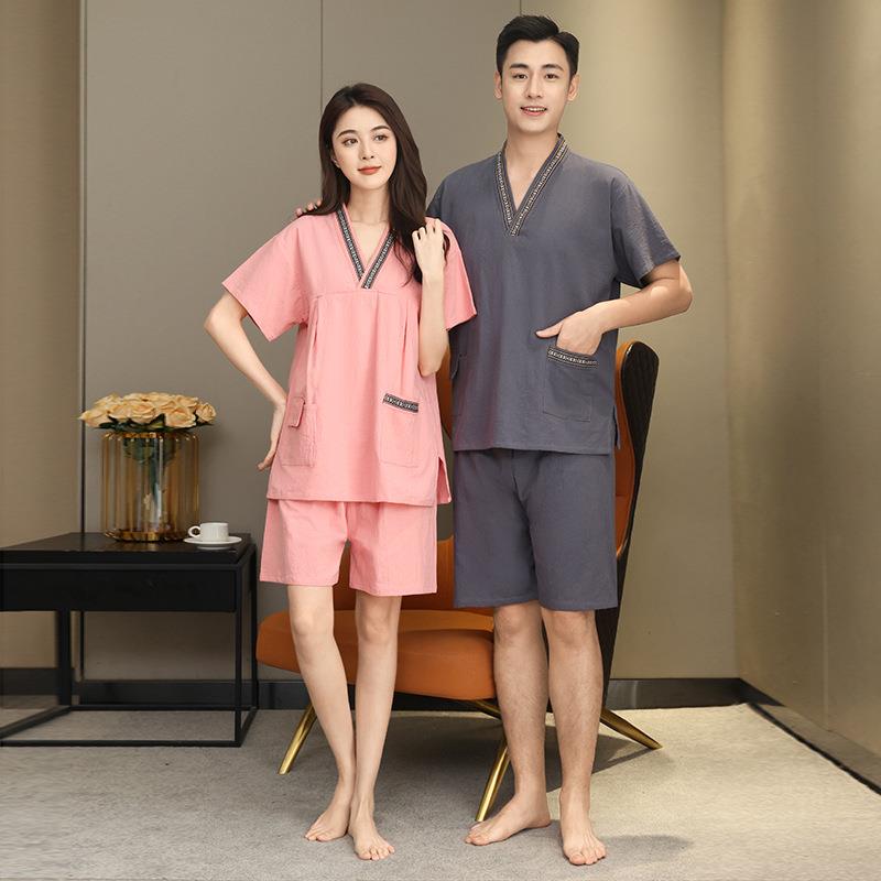新款女休闲皱麻居家汗蒸服男洗浴中心睡眠衣服情侣套装家居服 - 图0