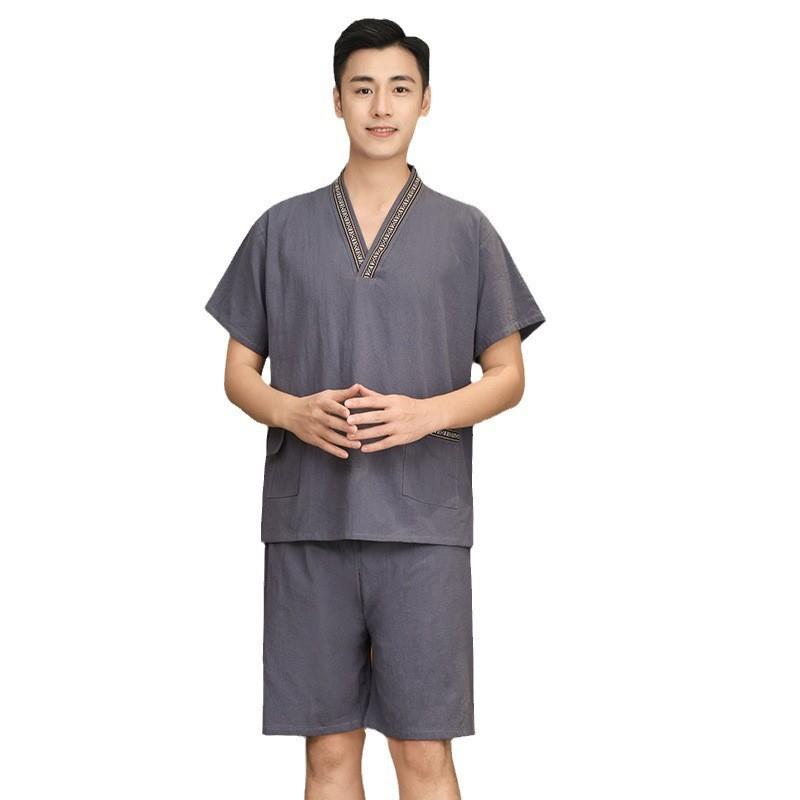 新款女休闲皱麻居家汗蒸服男洗浴中心睡眠衣服情侣套装家居服 - 图3