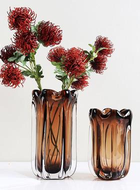 轻奢花瓣琥珀色艺术玻璃花瓶摆件现代高档简约客厅餐桌样板房装饰