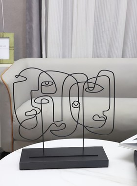 欧式轻奢抽象几何铁艺线条人脸摆件客厅卧室玄关样板房家居装饰品