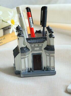 中式覆古国潮徽派建筑笔筒名片夹模型创意礼品生日办公室桌面摆件