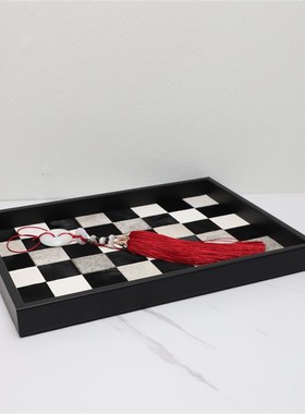 简约创意家d居样板房酒吧装饰收纳托盘黑白棋盘格马毛果盘摆件