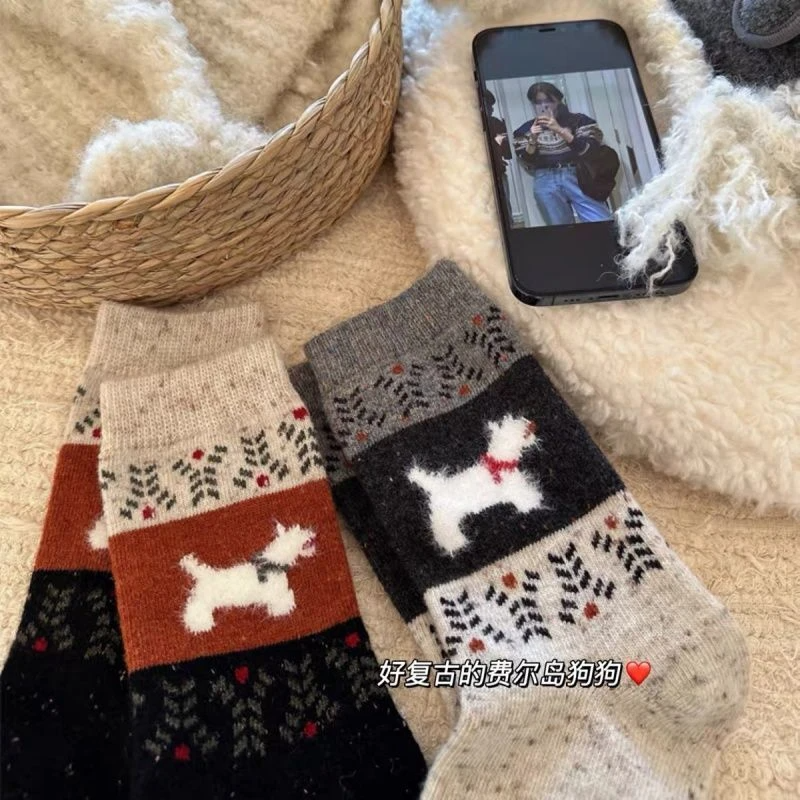 秋冬加厚中筒袜复古ins韩版氛围卡通拼色狗狗女袜秋冬加绒保暖袜T,淘宝优惠券,粉丝福利购,淘宝优惠卷