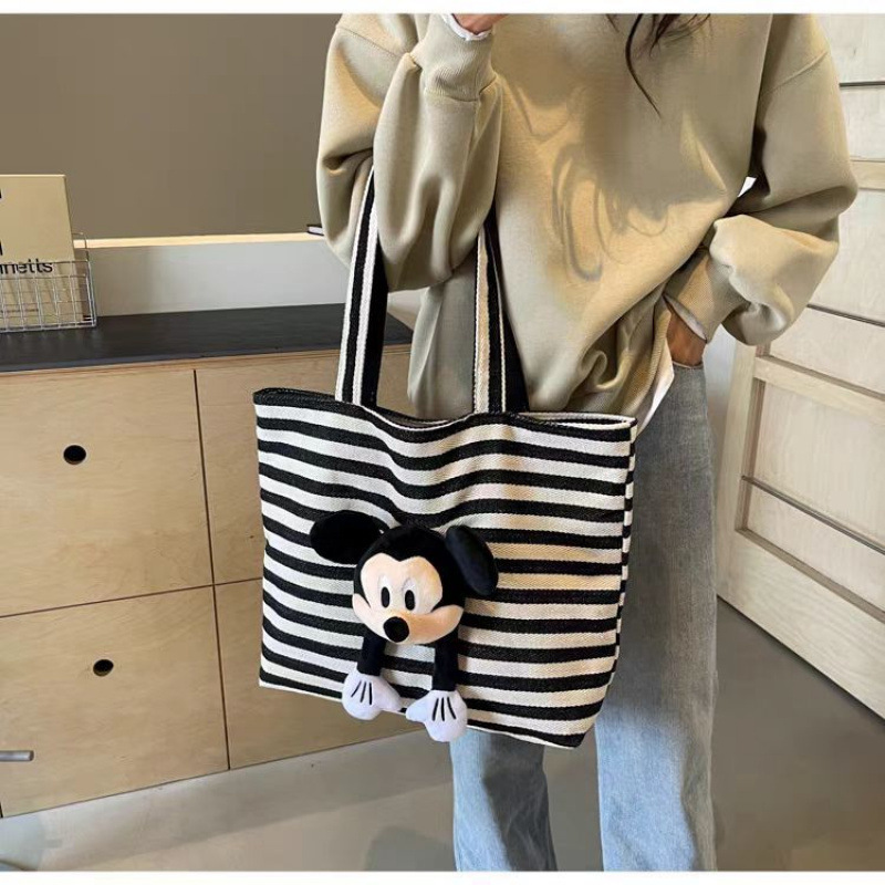 女包2025新款超火百搭帆布包大容量条纹通勤托特包单肩包 - 图2