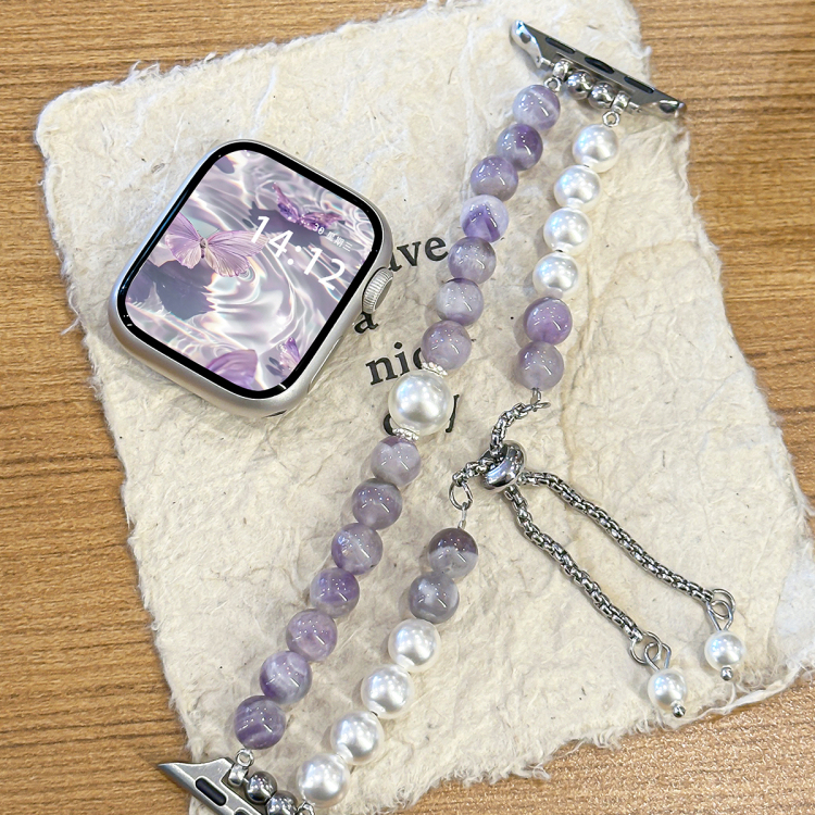 适用华为watchfit4表带Fit3小香风珍珠紫色水晶串珠腕带iWatchS10/9/8/7/6/5代se高级9Pro珍珠红米watch5表带 - 图1