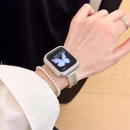 适用华为fit4表带ins闪钻拉丝手镯铜质表链iwatchS10/9/8/7/6/5代se2表带41mm镶钻45mm金属8/9Pro腕带46/42mm - 图1