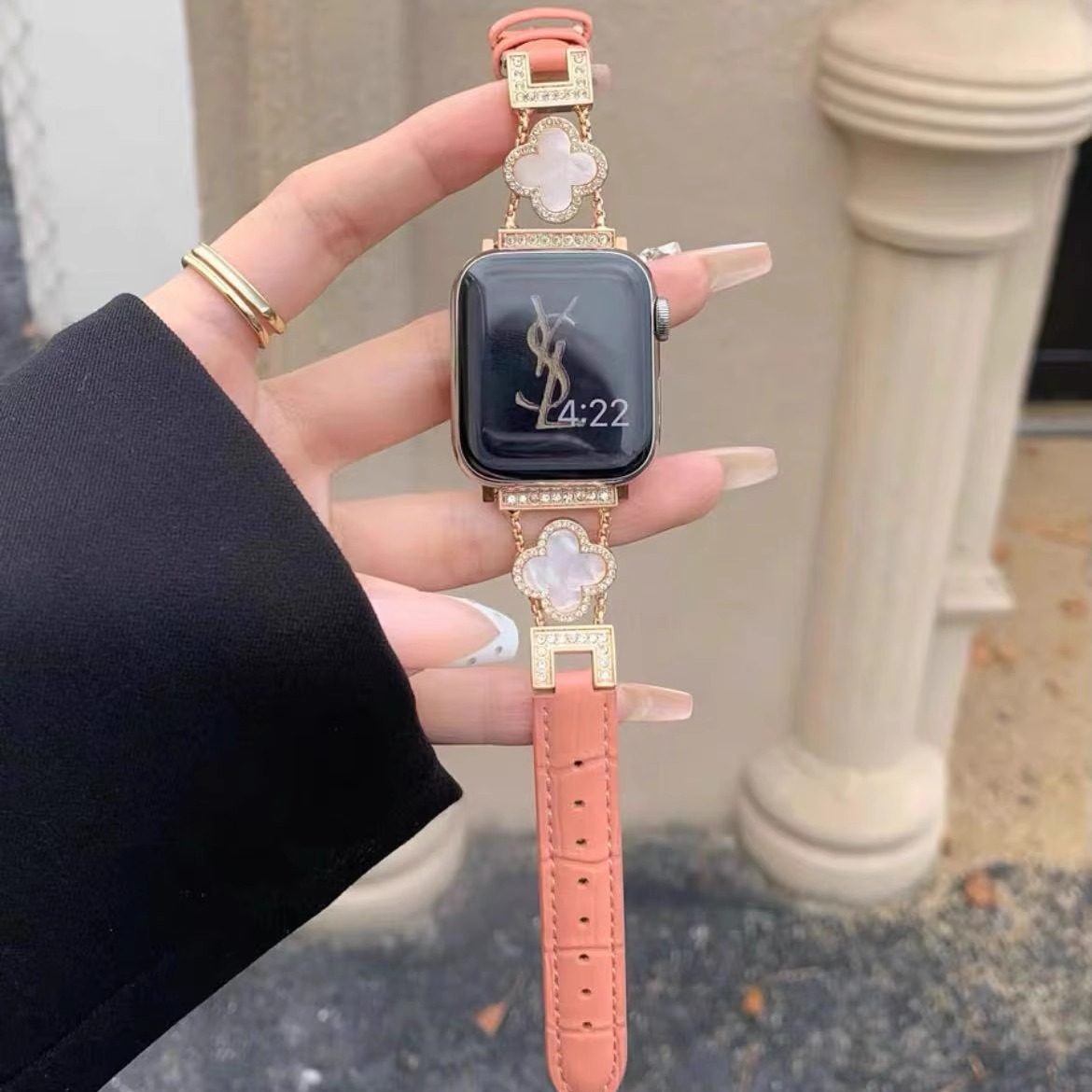 适用华为fit3表带小香风镶钻四叶草真皮表链watchFit2高级女iwatchS10/9/8/7/6/5代se秋冬45mm头层皮41mm腕带,淘宝优惠券,粉丝福利购,淘宝优惠卷