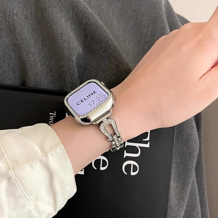 适用华为watchFit4表带镶钻马蹄金属表链华为fit3闪钻表带46mm高级女iWatchS10/9/8/7/6/5代se闪钻手表链45mm - 图1