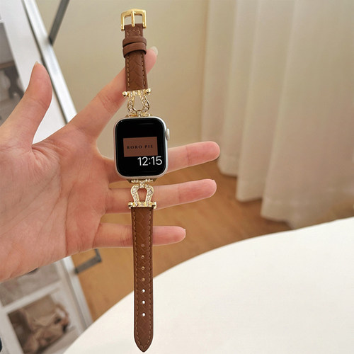 适用华为Fit3手表带小蛮腰镶钻马蹄扣表带华为fit2闪钻真皮苹果手表S10/9/8/7/6代荔枝纹皮质腕带女41mm/45mm - 图2