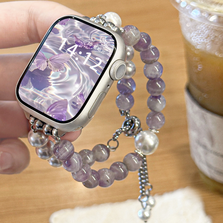 适用华为watchfit4表带Fit3小香风珍珠紫色水晶串珠腕带iWatchS10/9/8/7/6/5代se高级9Pro珍珠红米watch5表带 - 图0