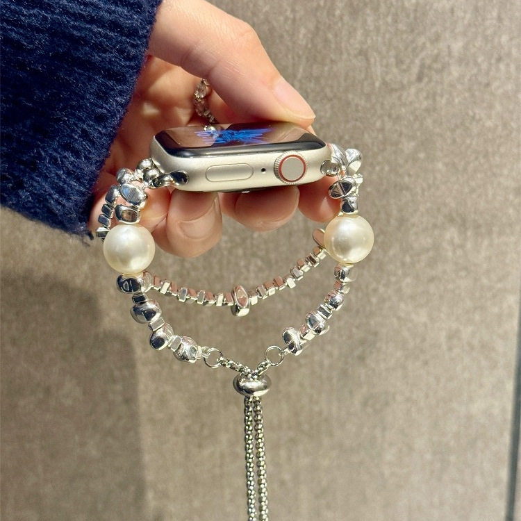 适用华为fit4表带ins白珍珠碎银子伸缩表链小香风iwatchS10/9/8/7/6/5代se2高级41mm女45mm小米手环89Pro腕带,淘宝优惠券,粉丝福利购,淘宝优惠卷