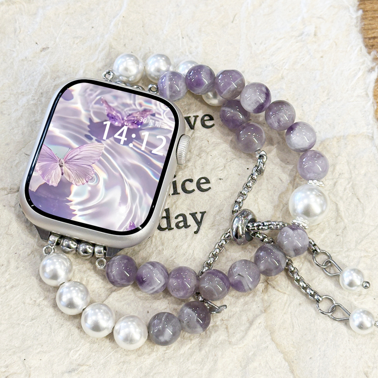 适用华为watchfit4表带Fit3小香风珍珠紫色水晶串珠腕带iWatchS10/9/8/7/6/5代se高级9Pro珍珠红米watch5表带 - 图3