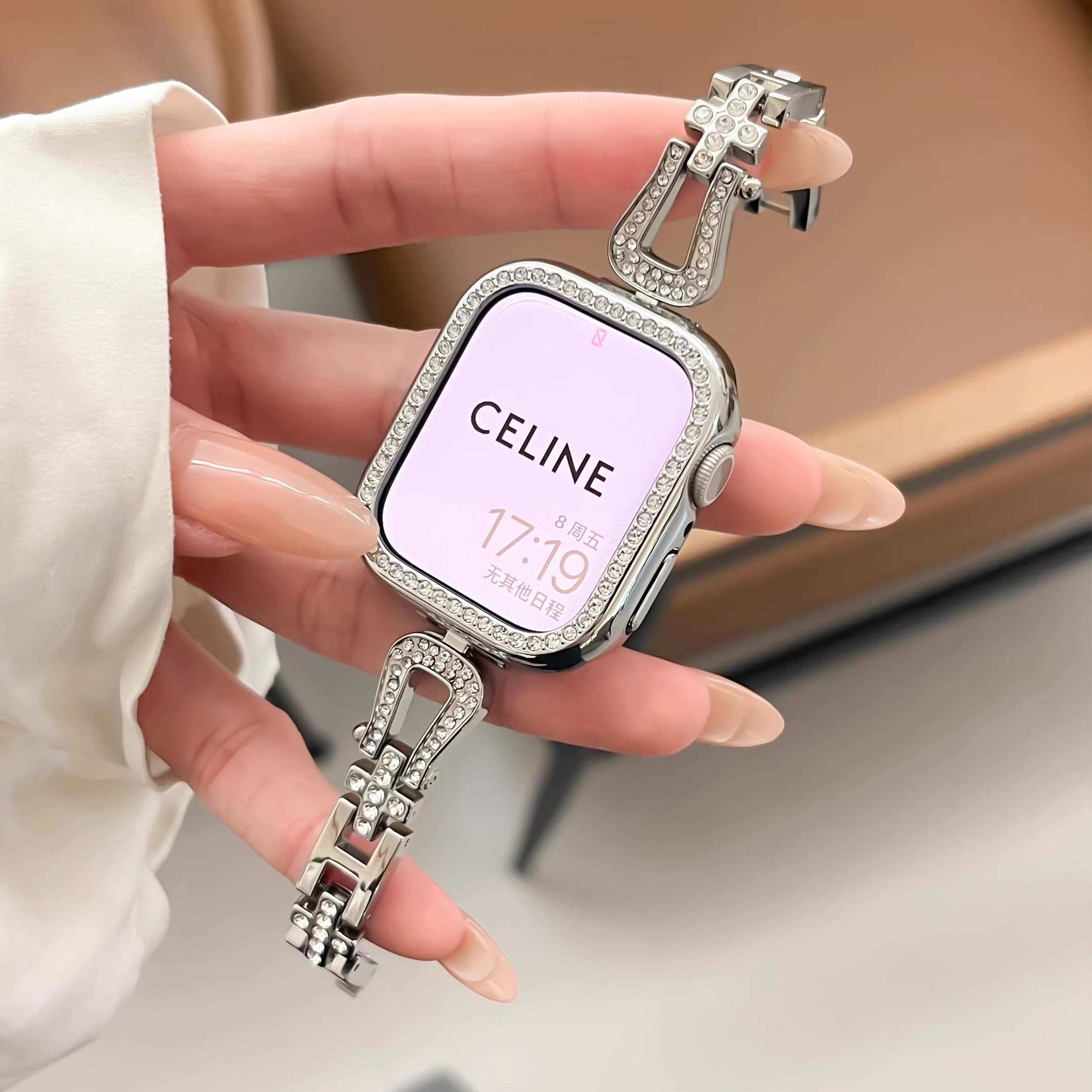 适用华为watchFit4表带镶钻马蹄金属表链华为fit3闪钻表带46mm高级女iWatchS10/9/8/7/6/5代se闪钻手表链45mm - 图2