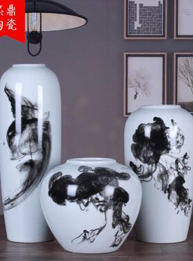 景德镇新摆中式YCG陶瓷三花瓶手绘墨画件套桌面家水居装饰品现代
