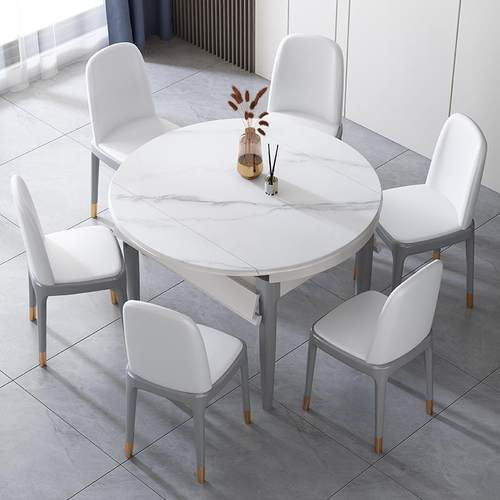 岩板餐桌小户型家用可伸缩折叠实木现代简约圆形桌子餐桌椅组合 - 图3