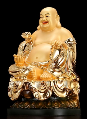 极速台湾铜鎏金弥勒佛像家居供奉C客厅纳财迎福摆件大肚佛坐莲笑