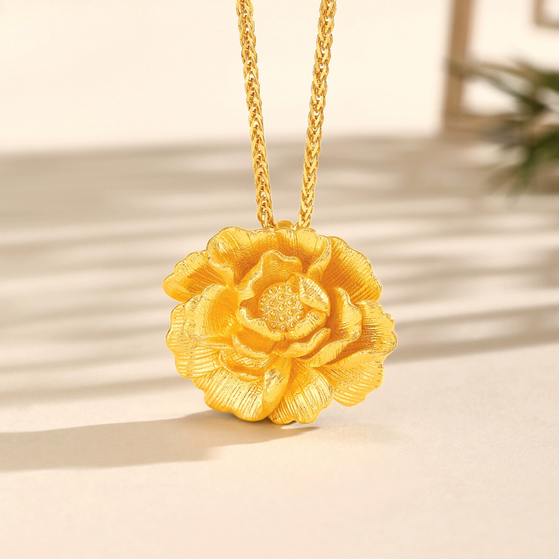 蒂蔻珠宝足金999牡丹花黄金吊坠国风牡丹古法金项链生日礼物 - 图0