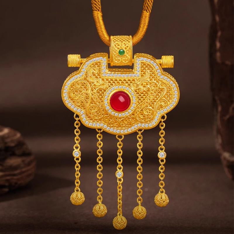 蒂蔻珠宝足金999天子门生黄金吊坠平安锁包古法金项链生日礼物 - 图0