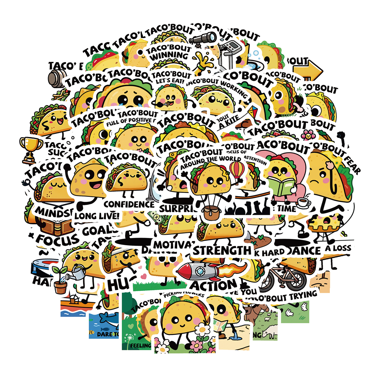 56张卡通塔可文字英文早教贴纸图文结合创意食物装饰行李箱笔记本taco表情包动画儿童奖励个性装饰手机笔记本 - 图3