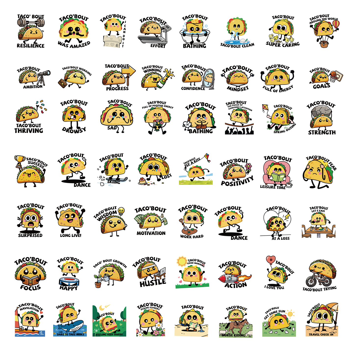 56张卡通塔可文字英文早教贴纸图文结合创意食物装饰行李箱笔记本taco表情包动画儿童奖励个性装饰手机笔记本 - 图1