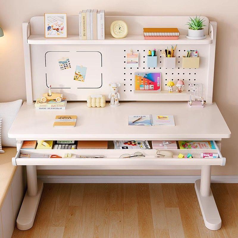 Children's study table liftable hole board writing table and chair set solid wood hand lift primary school student home desk