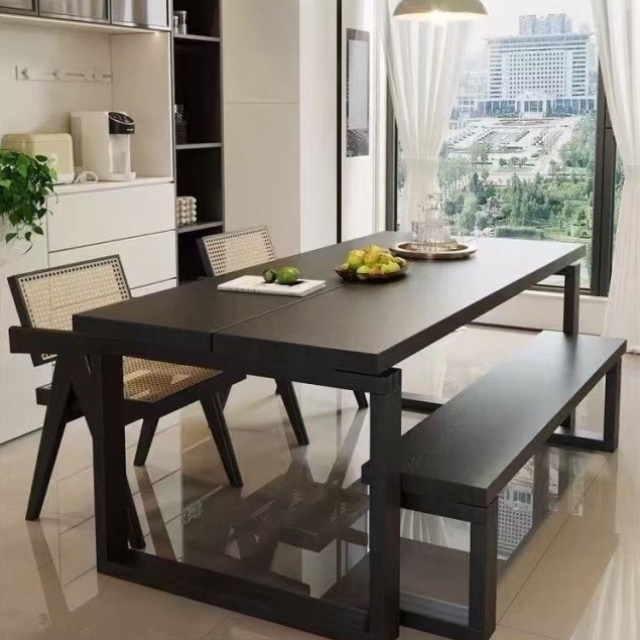 侘寂风黑色实木餐桌椅组合家用小户型长方形实木学习书桌工作台 - 图2