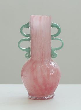 轻奢风双耳磁粉手工双色花纹大肚瓶餐桌玄关软装台面装饰彩色花瓶