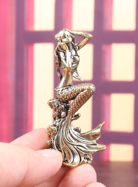 实心黄铜美人鱼桌面鱼缸摆件