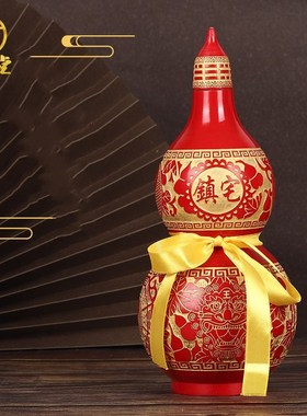 桃木开口葫芦摆件大红朱漆金线画雕招财进宝镇宅之宝吉祥物装饰品