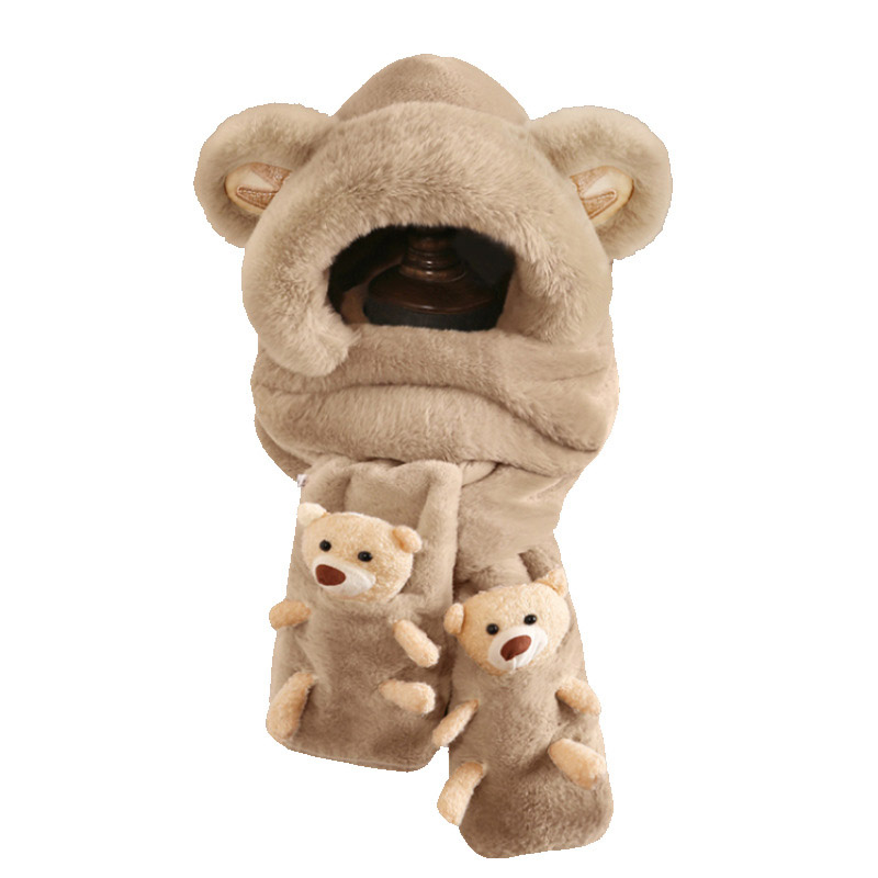 小熊帽子围巾一体女秋冬新款加绒儿童帽冬天骑车围脖男女童防风帽 - 图3