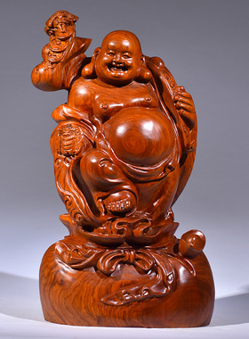 黄花梨木雕弥勒佛像摆件大号实木全家福笑佛招财客厅红木工艺品