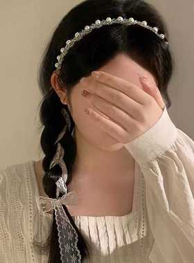 超仙白色蕾丝水晶珍珠发带女绑发森系甜美飘带法式丝带发箍头饰