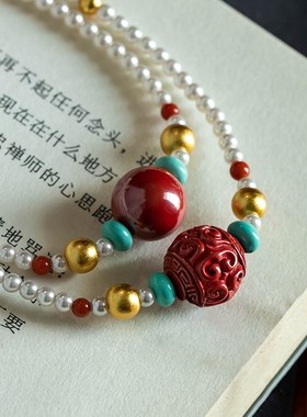 极速珍珠朱砂全珠链简约中国风吊坠项链挂件M文艺女士礼物百搭新