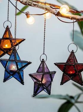 欧式复古铁艺彩色玻璃风灯五角星防风烛台摩洛哥蜡烛台酒吧装饰品