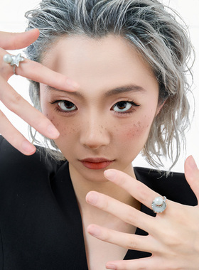 欧泊月亮珍珠纯银开口戒指