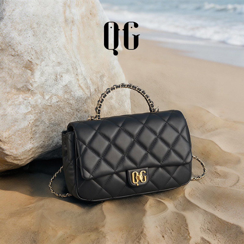 QG白色包包女2026新款头层牛皮小香风菱格链条包斜挎包手提女包