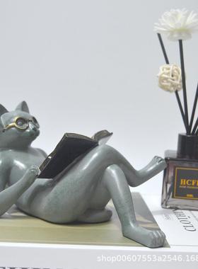 独立站 看书阅读文学猫 花园书房树脂工艺品装饰摆件雕像