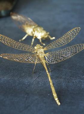 苏工纯手工实心铜镀金蜻蜓知瞭金蝉子摆件居室书房博古架摆件厂价