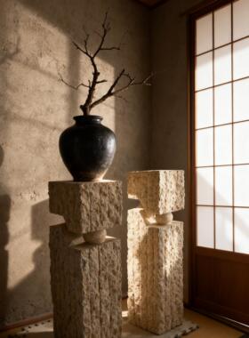 TESIA诧寂天然洞石大理石头装饰落地摆件雕塑底座墩展示台立柱子