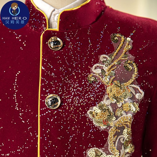 男童中式演出服儿童西装套装中国风红色学生晚会活动主持人合唱服